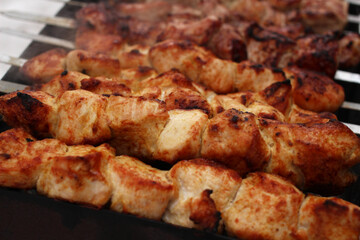 chicken and turkey meat on a skewer fried on the grill in nature