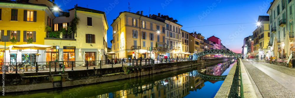 Wall mural Milan Navigli Milano restaurant and bar district travel traveling holidays vacation town blue hour panorama in Italy - Wall murals