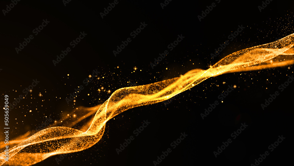 Poster digital gold color wave with flowing small particles abstract background 3d rendering