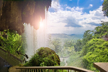 edessa waterfalls in spring season among green trees in greece