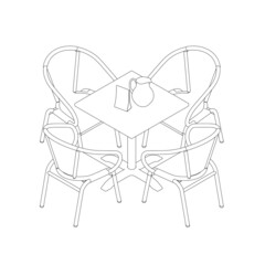 Outline of a table with napkins, a water jug and four chairs from black lines isolated on a white background. Isometric view. Vector illustration.