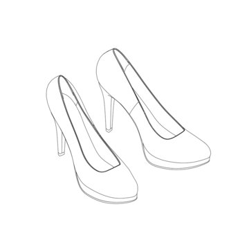 The contour of women's shoes from black lines isolated on a white background. Isometric view. Vector illustration.