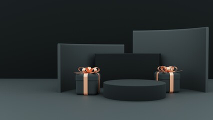 black gift box with gold ribbons isolated on black color background with podiums showcase display stand mockup product - 3D rendering. 3D illustration.