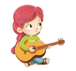Girl playing the guitar sitting on the floor - 505661402