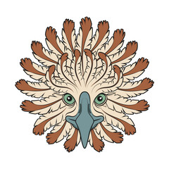 Abstract color illustration with eagle head and feathers. Isolated vector object on white background.