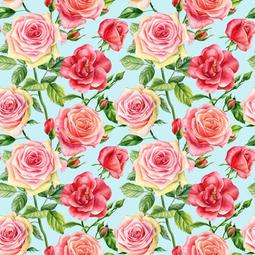 Hand drawn watercolor roses. Trendy seamless floral pattern
