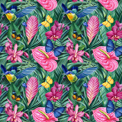 Tropical seamless pattern. Butterfly, hummingbird, flowers and leaves background. Watercolor illustration