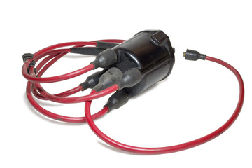 spark plug wires, connected with ignition distributor cap, on white background, with clipping path