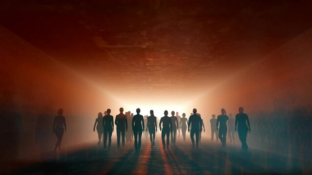 People go to light in the fog. In long tunnel. The crowd is moving into the distance. Throng goes in one direction. Mysterious world. Way to paradise. Lens Effect tilt shift. 3D rendering