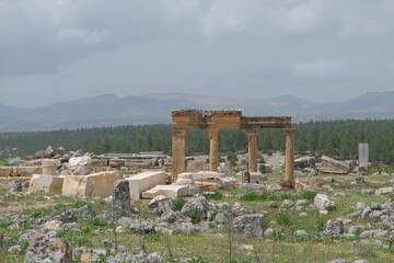 Fototapeta na wymiar Ancient ruins of greek city in Turkey. The ruins at Blaundus roman columns in blaundus 