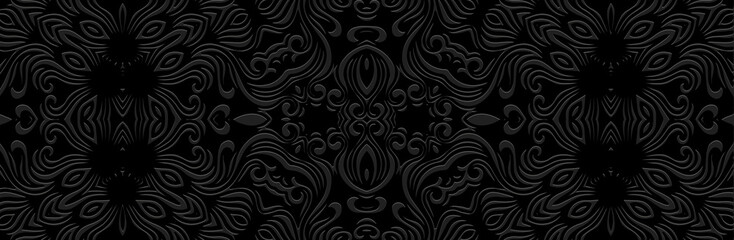 Luxurious banner with embossed art deco texture. Dynamic geometric ethnic 3d pattern on black background. Cover design for business background, magazine layout, brochure, booklet, flyer, website.