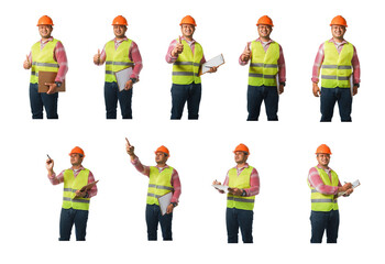 Collage of a male construction worker wearing a helmet on and a reflective vest holding a clipboard...