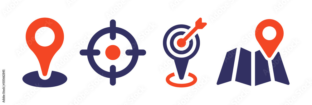 Poster location icon set. containing location mark, target, destination and map pin icon isolated on white 