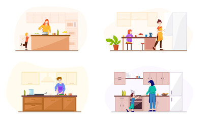 Set of kitchens different interior on white background. Vector illustration of cooking women and men, and children running around near in cartoon style.