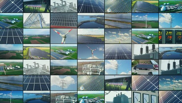 Green electricity multi screen collage. Alternative energy split screen. Renewable electricity production video wall