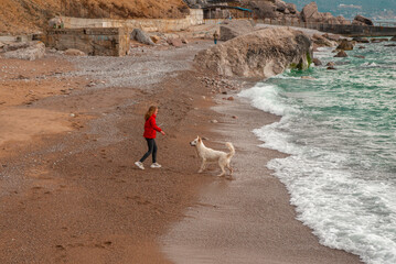 A girl with a white dog on the seashore with a sandy beach