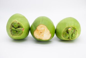 three green coconut isolate on white background, selective focus