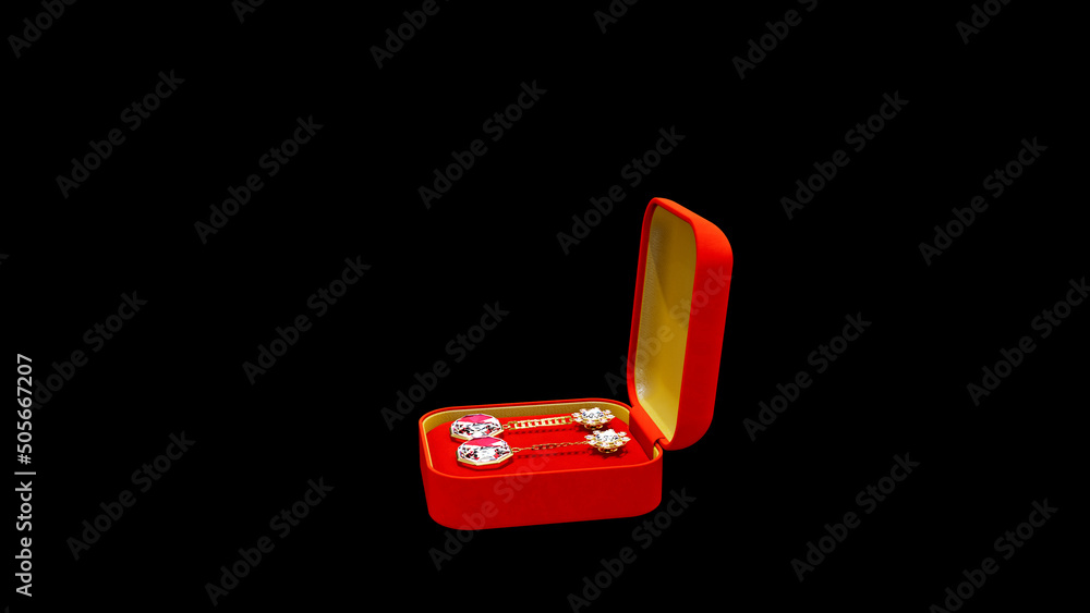 Poster red and golden opened bijouterie gift box with diamond eardrops on black, isolated, fictitious desig