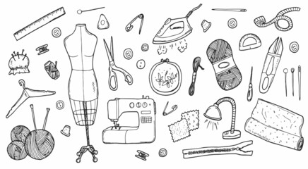 Sewing and tailoring tools, Sewing mannequin, machine, measuring and cutting supplies, Black outline vector drawing
