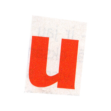 letter u magazine cut out font, ransom letter, isolated collage elements for text alphabet. hand made and cut, high quality scan. halftone pattern and texture detail. newspaper and scraps