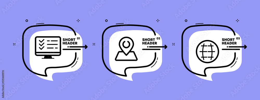 Poster worldwide communication set icon. computer with checkmarks, pointer, map, remote work. business conc