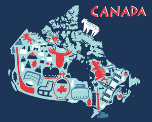 Vector hand drawn stylized map of Canadian landmarks. Canada travel illustration. North America map