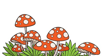 Poisonous fly agaric many mushrooms in the grass color variation for coloring page isolated on white background