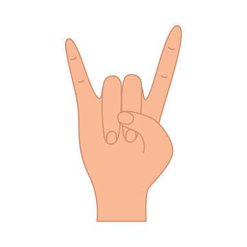Rock, heavy metal hand gesture, vector illustration on white, two fingers up index and little finger.