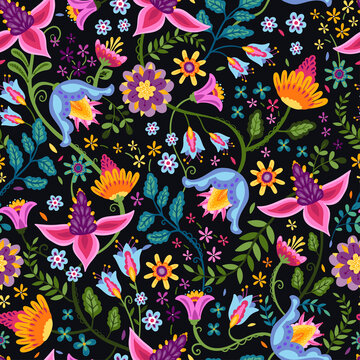 Lovely hand drawn floral seamless pattern with coloful flowers and leaves, vibrant background, great for textiles, surfaces, backgrounds, banners, wallpapers - vector design