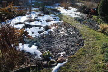 ground, lawn and snow, early spring - obrazy, fototapety, plakaty