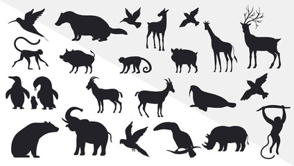 Tropical-birds,-Monkey,-Goat,-Dog-with-exotic-animals-Silhouettes-Vector