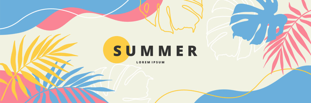Summer background. Horizontal banner template with minimal geometric elements, tropical leaves, flowers. Vector illustration for poster, postcard, header  website 