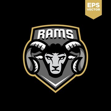 Black ram logo. dark sheep head e-sport mascot design character for gaming team or college club, modern cartoon style Illustration design of goat head isolated on black background.