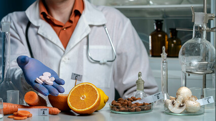Obraz na płótnie Canvas Pills and Oranges, mushrooms and nuts on a laboratory table with vitamin names.The doctor is holding pills. Essential vitamins in Food laboratory.