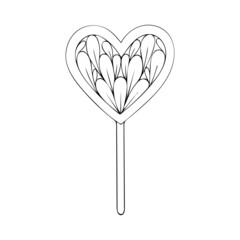 Coloring page caramel candies. Holiday sweets. Lollipop on a stick. Hand drawn vector doodle illustration. Coloring book for children and adults. Black and white sketch line art.