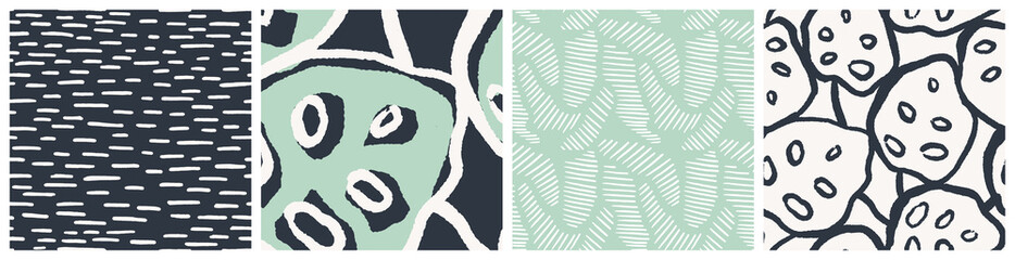Monstera, large tropical leaf seamless pattern set. Exotic foliage hand drawn graphic in trendy dark grey, off-white and mint colors.