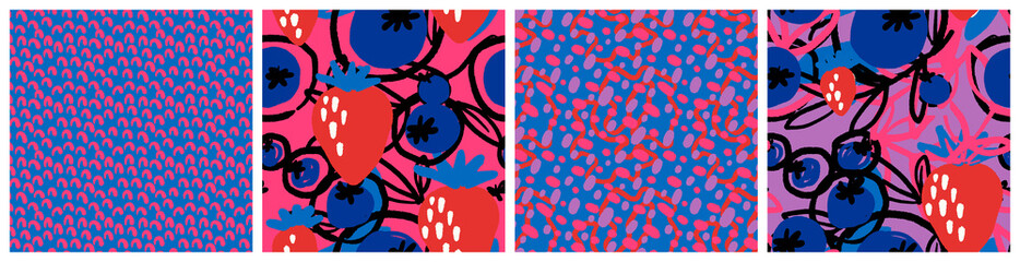 Colorful berry seamless pattern set with strawberry and blueberry modern abstract graphic. Red, blue and pink kitchen textile, product packaging background vector design.