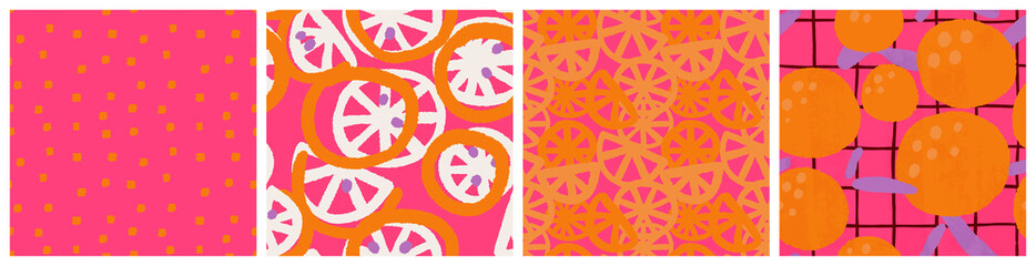 Colorful citrus, pink grapefruit seamless pattern set with modern abstract graphic. Whole fruit and slices in pink, orange and lilac colors. Kitchen textile, product packaging background vector design