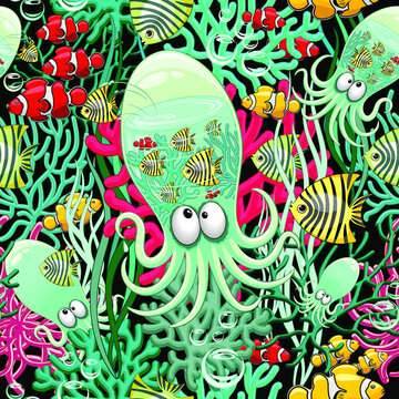 Octopus Silly Funny Cartoon Character on Coral Reef Seamless Textile Repeat Pattern Vector Graphic Art
