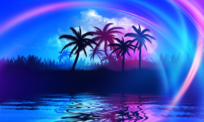 Fototapeta na wymiar Silhouettes of tropical palm trees against an abstract background with a dark cloud. Reflection of palm trees in the water. Geometric figure in neon glow. Beach party. 3d illustration