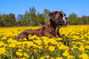 Beautiful brindle boxer dog on the dandelion field