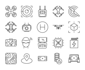 Set of 20 drone icons. Linear outline icon. Quadrocopter and remote control. Thin vector black and white