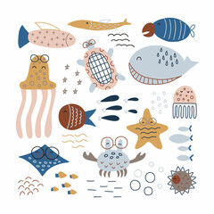 Cartoon marine animals. Wildlife underwater animals vector illustration set