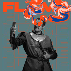 Contemporary art collage. Medieval knight, warrior taking selfie with phone isolated over grey background