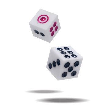 Two falling white casino dice on white background.