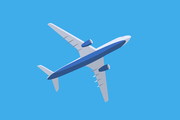 Passenger plane in flight on a blue background, illustration of an airplane