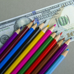 multicolored pencils on souvenir dollar bills. items lie on a gray background. Square image.