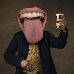 Contemporary art collage. Man in vintage costume and giant mouth head rising glass of foamy lager beer isolated on dark background. Cheers - obrazy, fototapety, plakaty