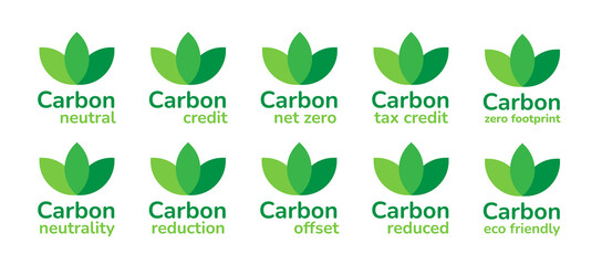 Carbon neutral, CO2 emission reduction concept banner label icon set Stop global warming, zero carbon footprint, carbon credit, greenhouse effect Green eco friendly design elements vector illustration