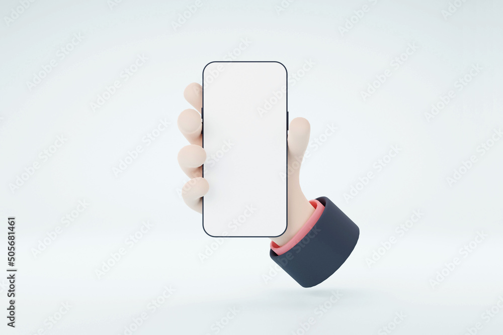 Poster 3d cartoon hand holding smartphone mockup with empty white screen on cyan background. 3d render illu